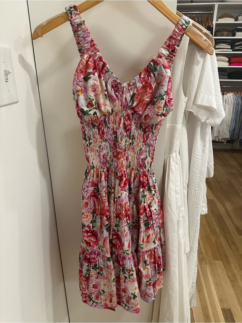 Floral Pink Smocked Mini Dress with V-Neckline - Picture 3 of 9